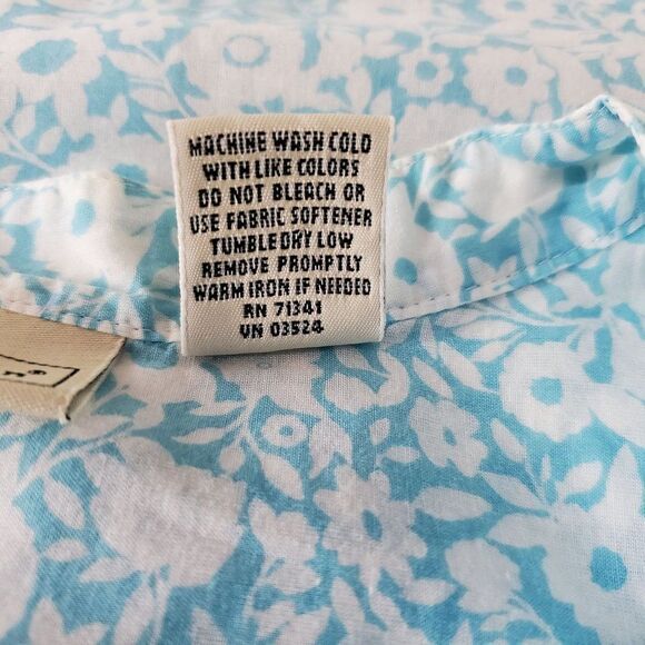 LL Bean Floral Short Sleeve Ruffle Blouse Sz L Blue White Cottagecore Prairie - Picture 4 of 4